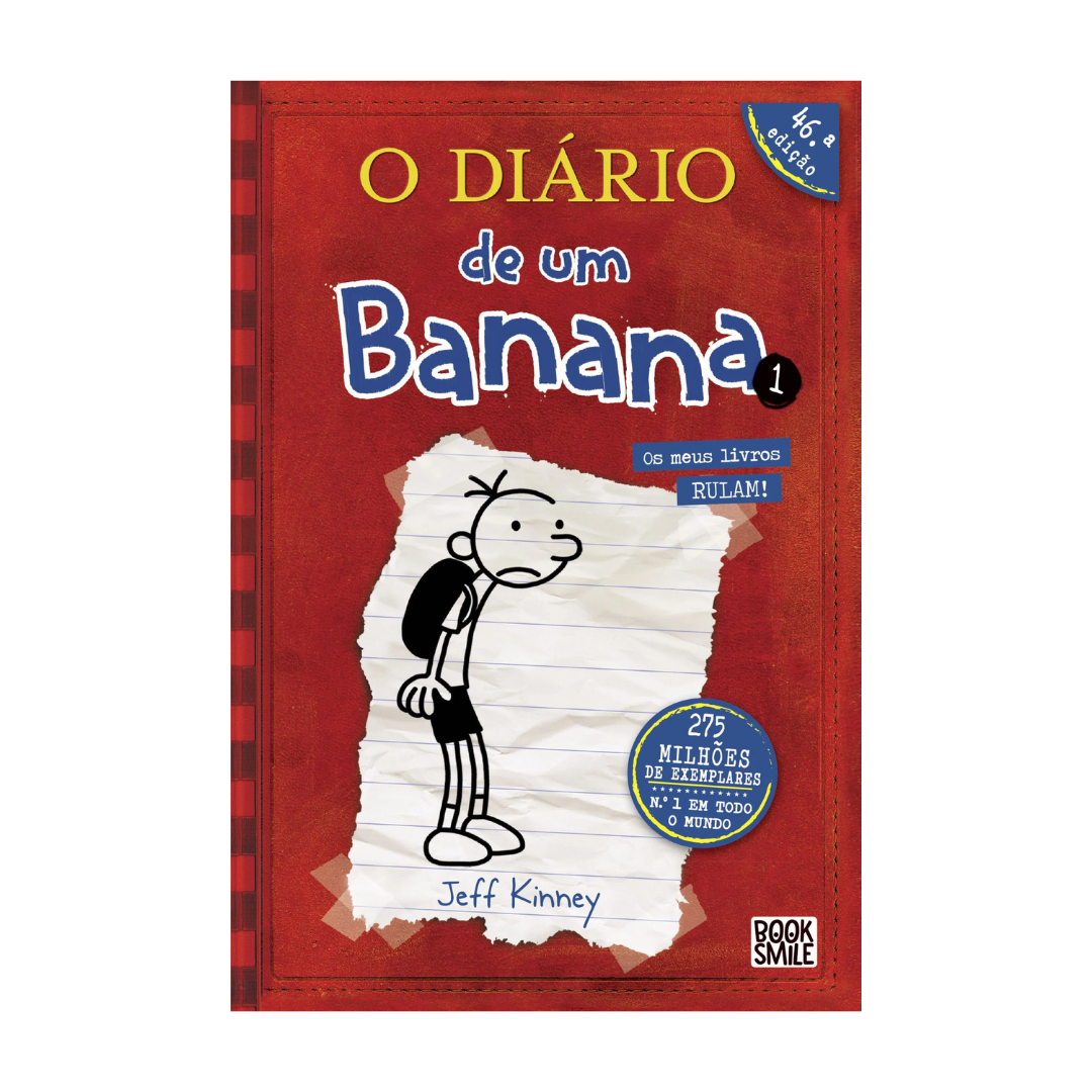 Livro O Diário de um Banana 1 com capa vermelha e desenho de menino esboçado em preto e branco