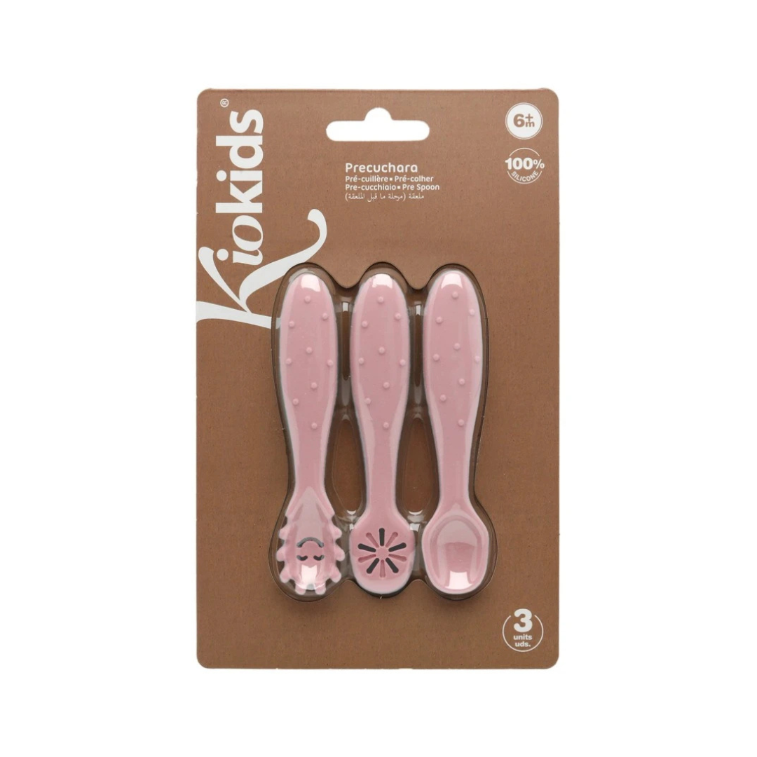 Conjunto de 3 precucharas rosa de silicone Kiokids em embalagem castanha