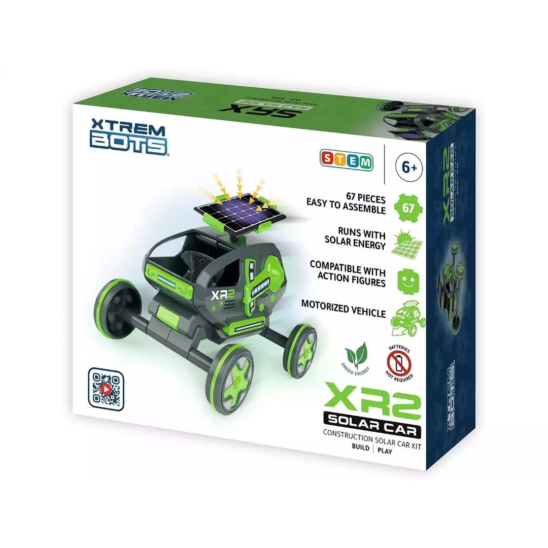 Kit construção XR2 Solar Car com carro verde e cinza na caixa