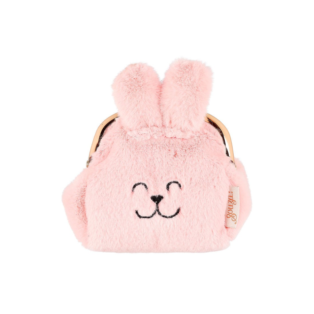 Mala pequena de pelúcia rosa em formato de coelho com orelhas e fecho metálico.