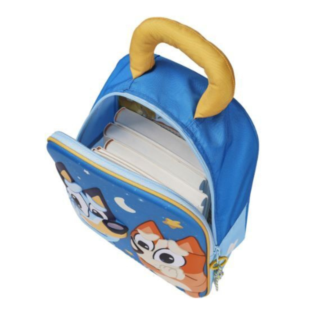 Mochila azul com alça amarelo e ilustração de cães em estilo cartoon