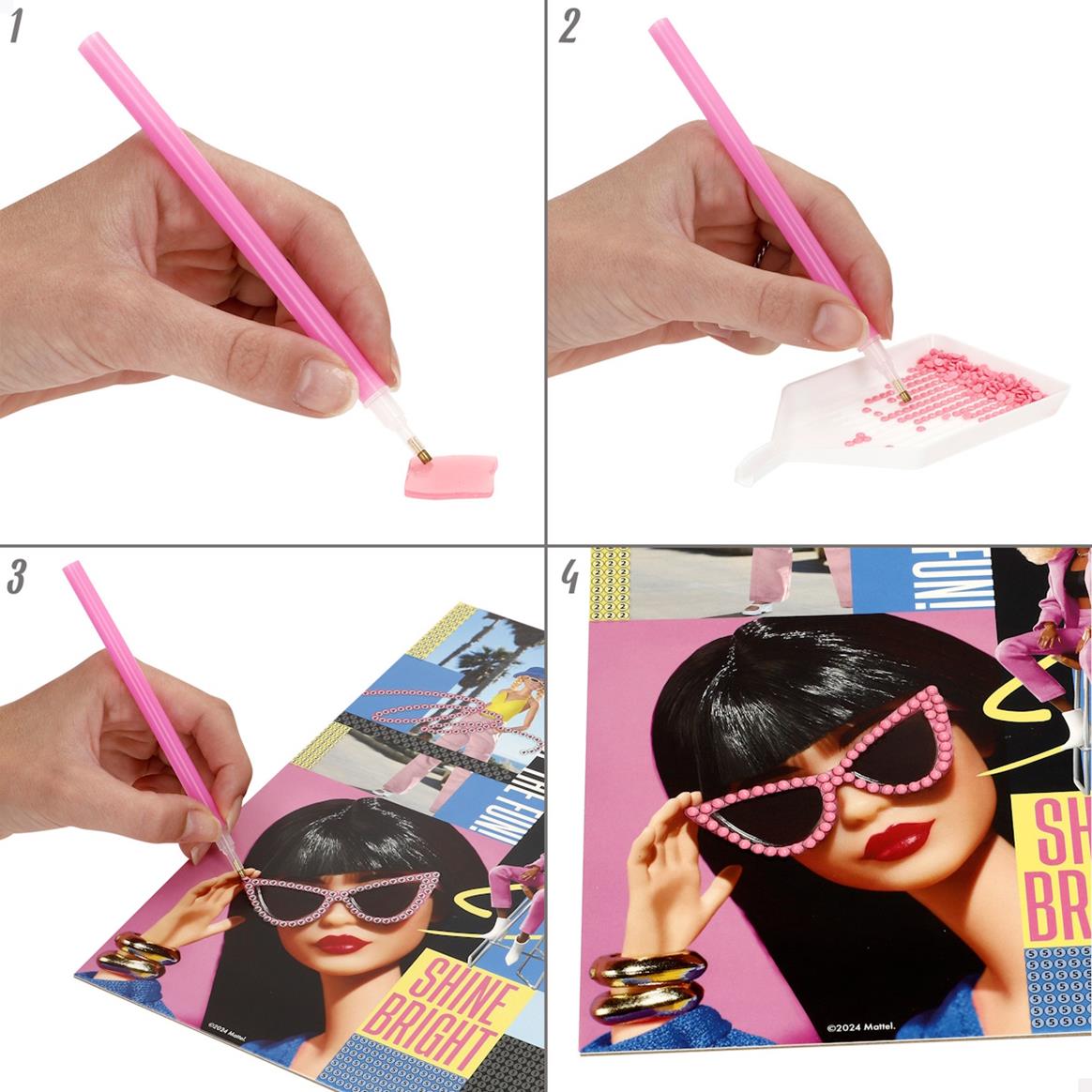 Ferramenta rosa para aplicar círculos pequenos em imagem de boneca com óculos