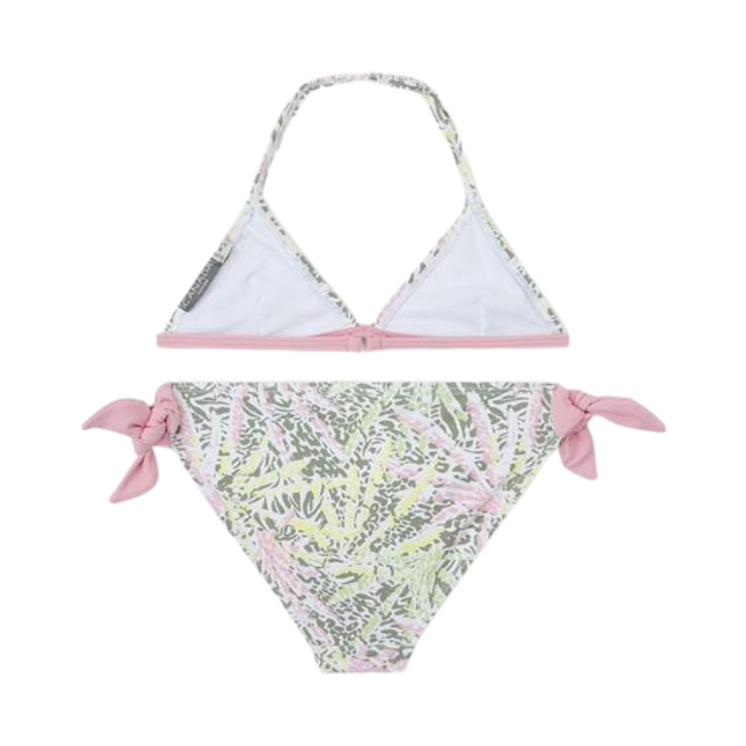 Biquíni com padrão de folhagem e detalhes cor-de-rosa.