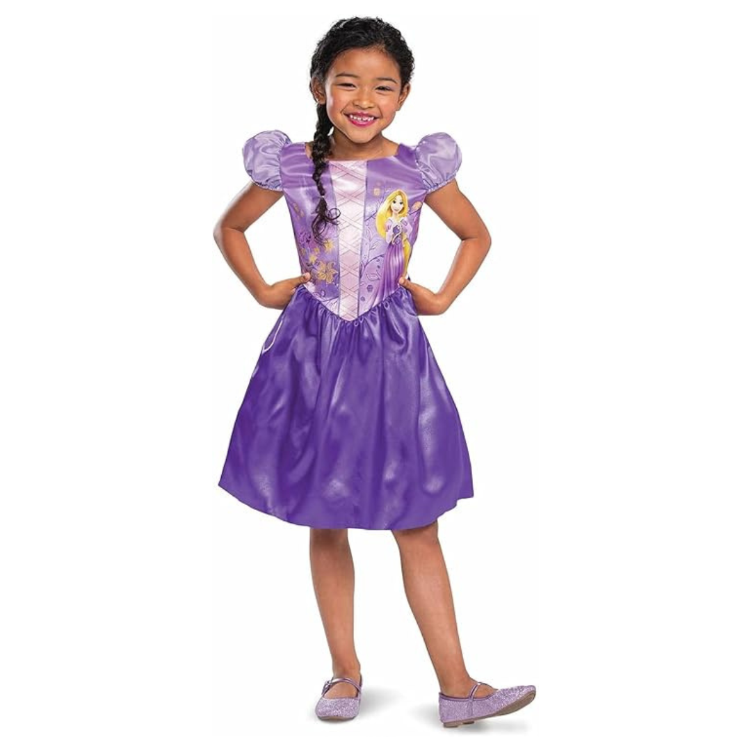Vestido de princesa infantil roxo com estampa de personagem loira