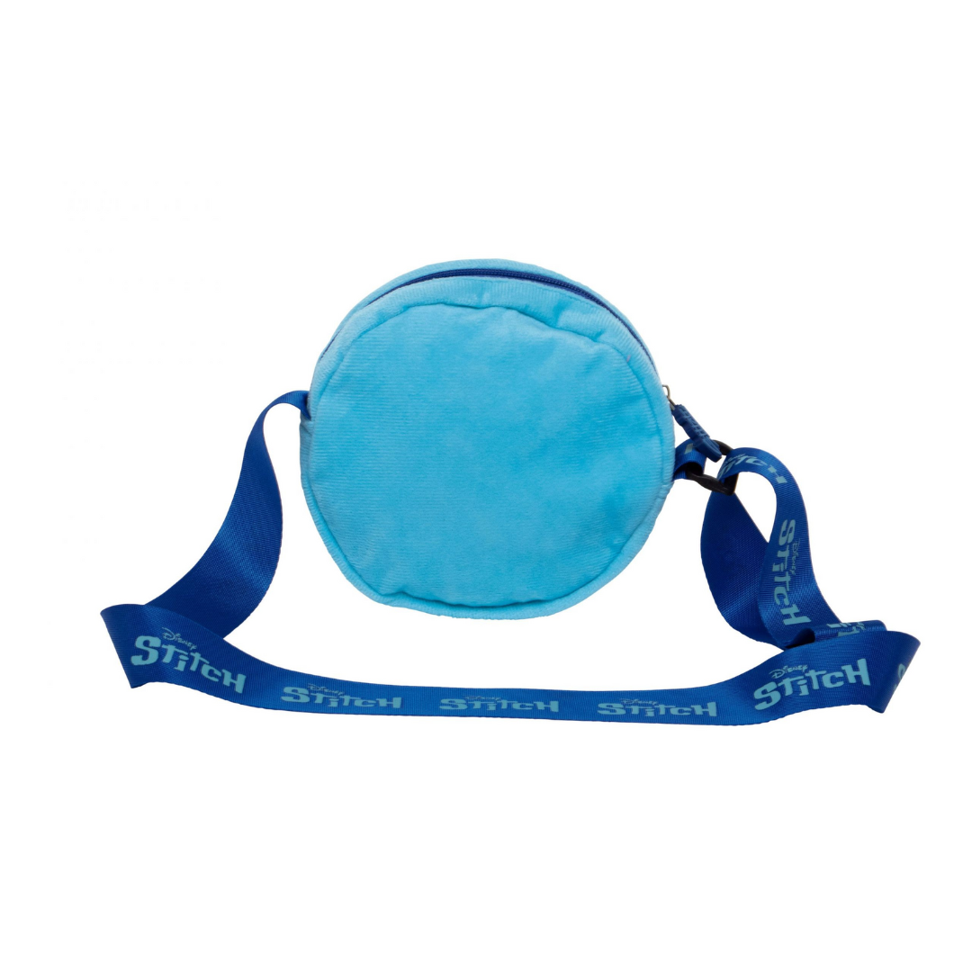 Mala redonda azul clara com alça azul escura e texto Stitch