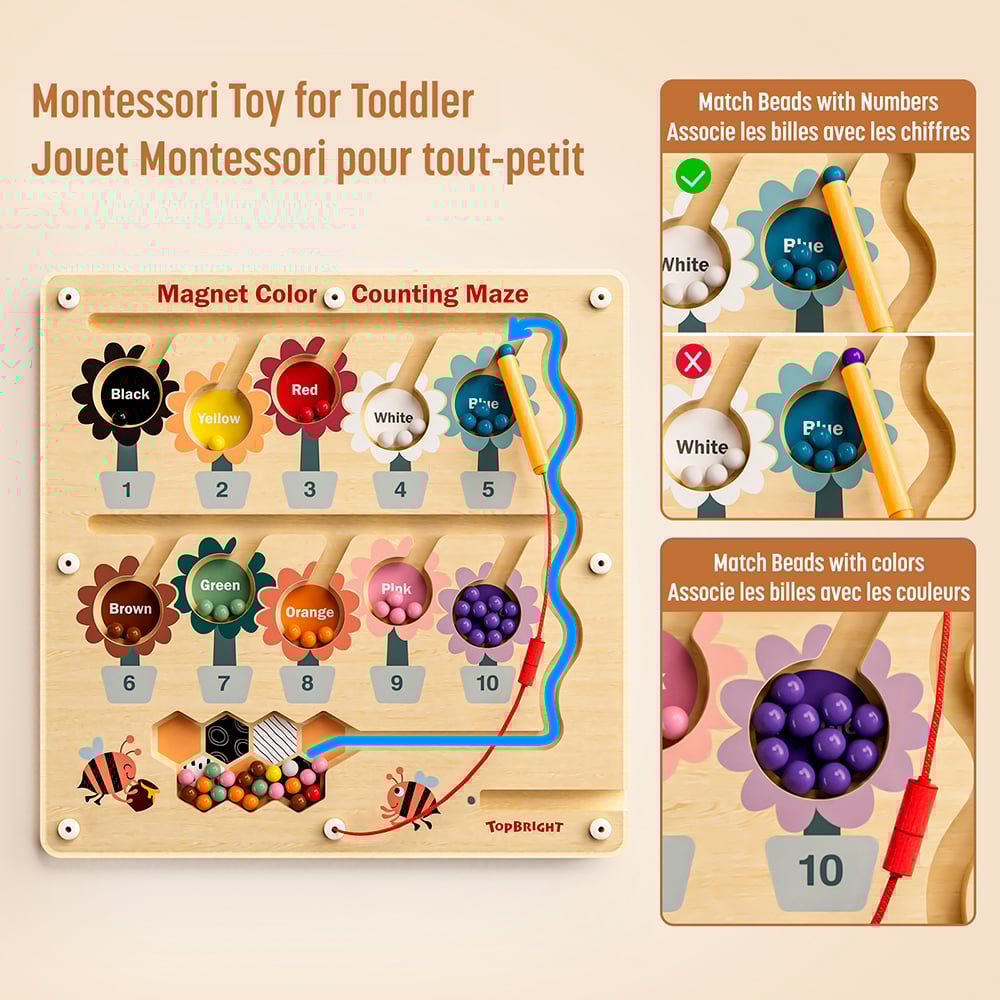 Brinquedo Montessori em madeira com flores coloridas, contas magnéticas e números para contagem