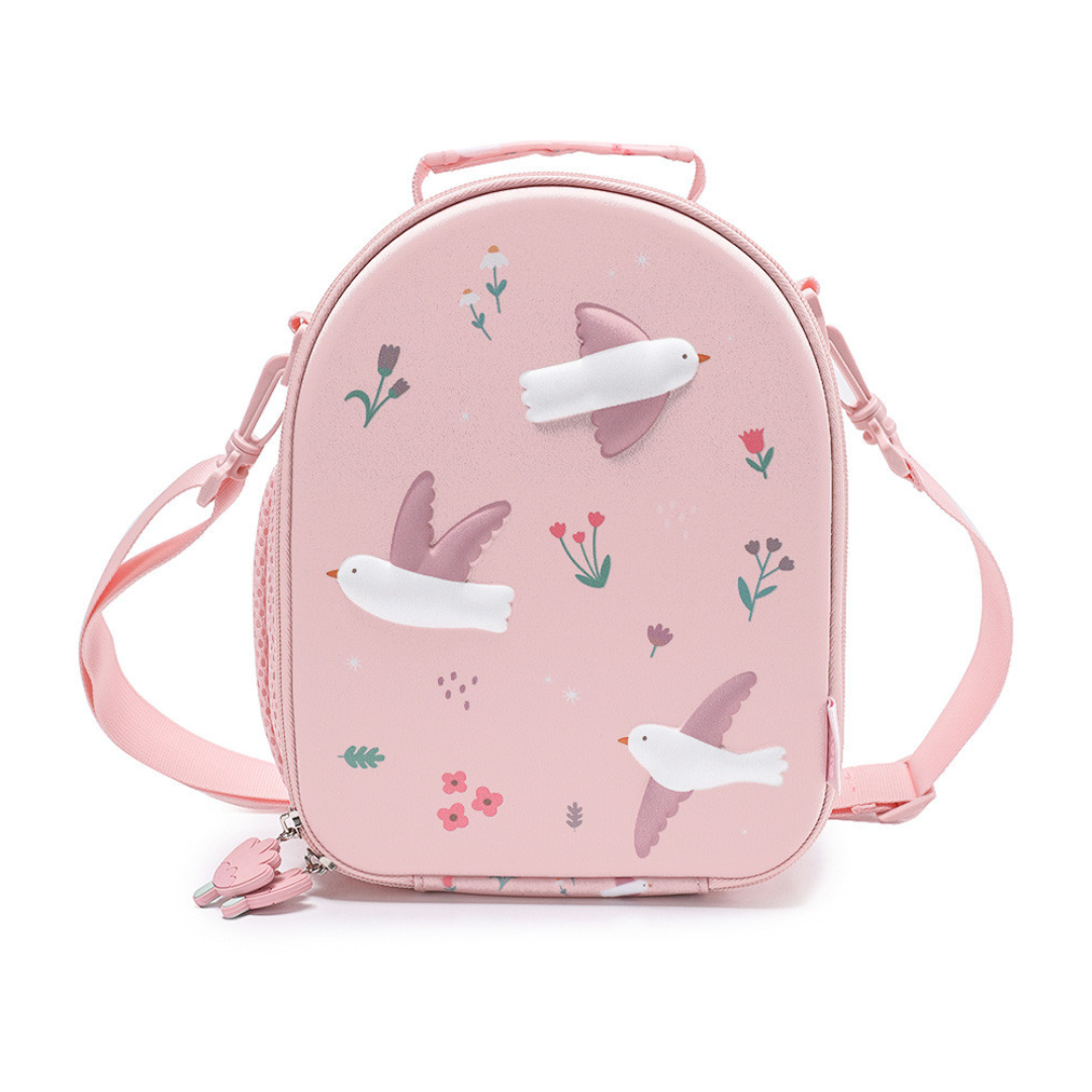 Mochila infantil rosa com desenho de pássaros e flores, alça ajustável