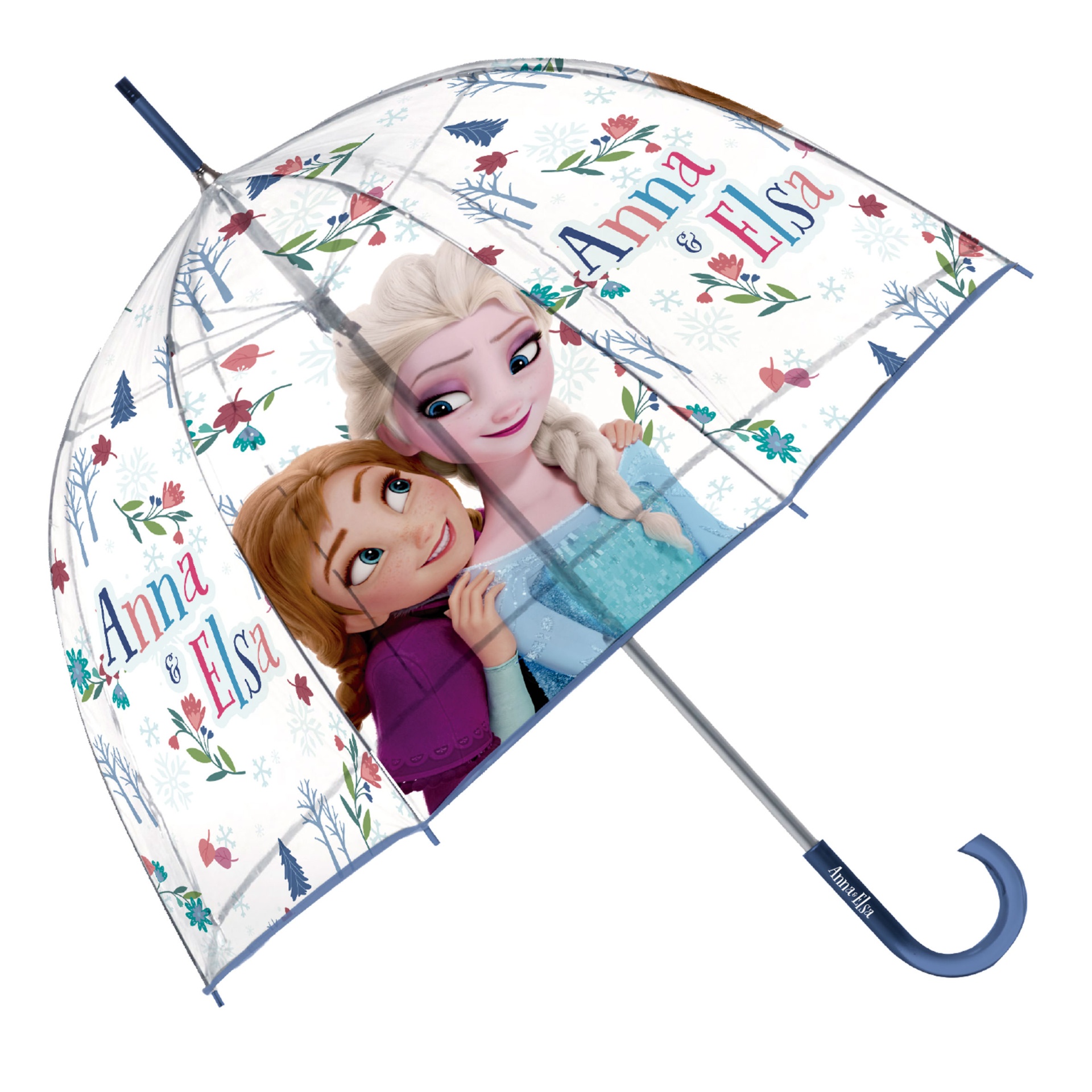 Guarda-chuva transparente com personagens Anna e Elsa e texto colorido
