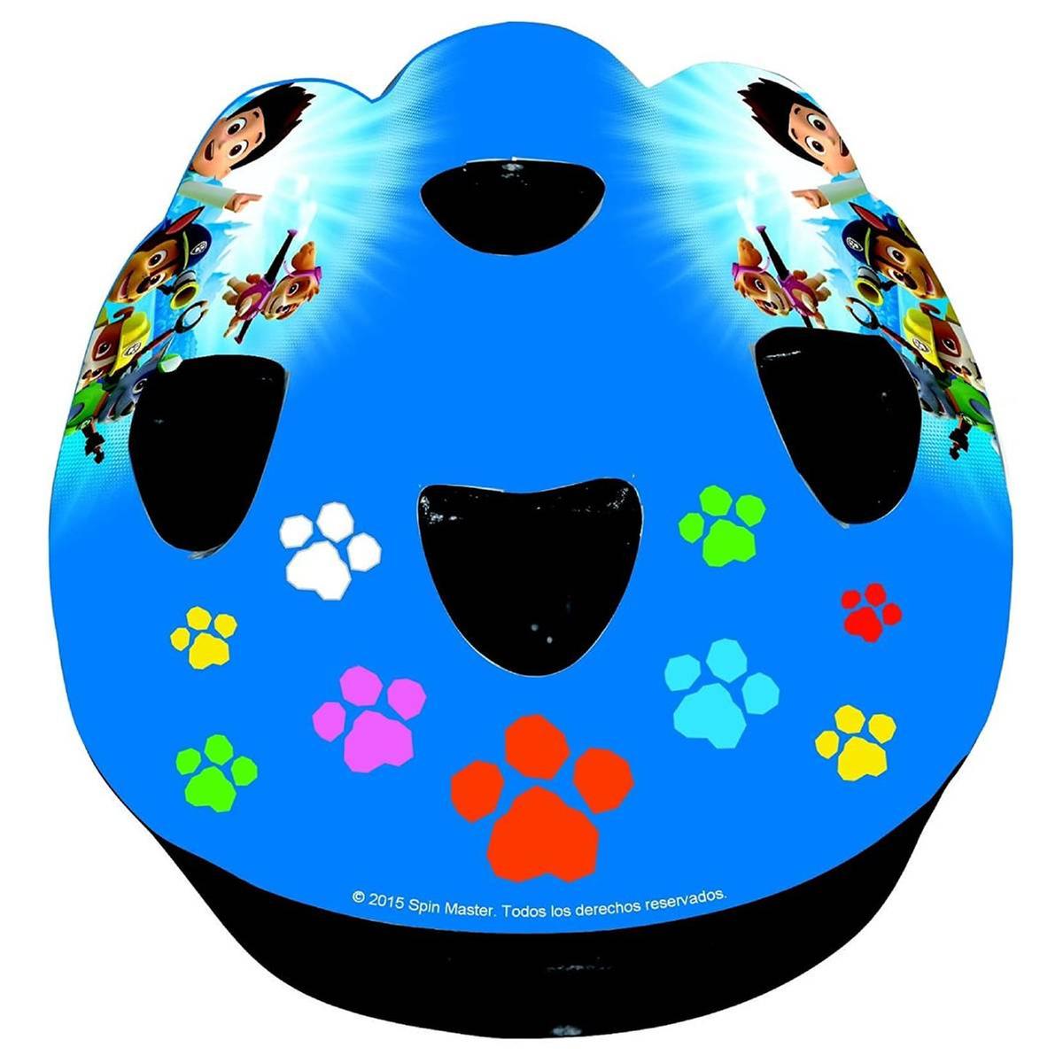 Capacete azul infantil com estampas coloridas de personagens e pegadas