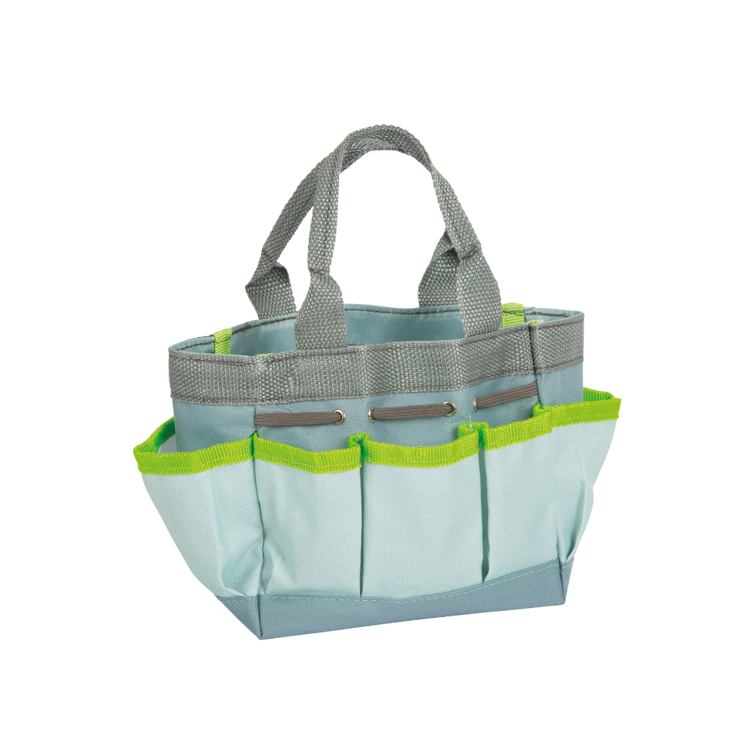 Bolsa organizadora azul claro com bolsos verdes e cinzentos para ferramentas