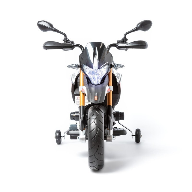 Motociclo infantil preto com rodas de treino