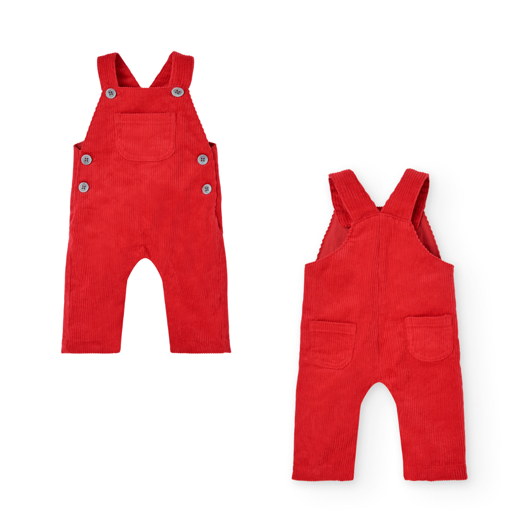 Macacão infantil vermelho em veludo cotelê com bolsos e botões