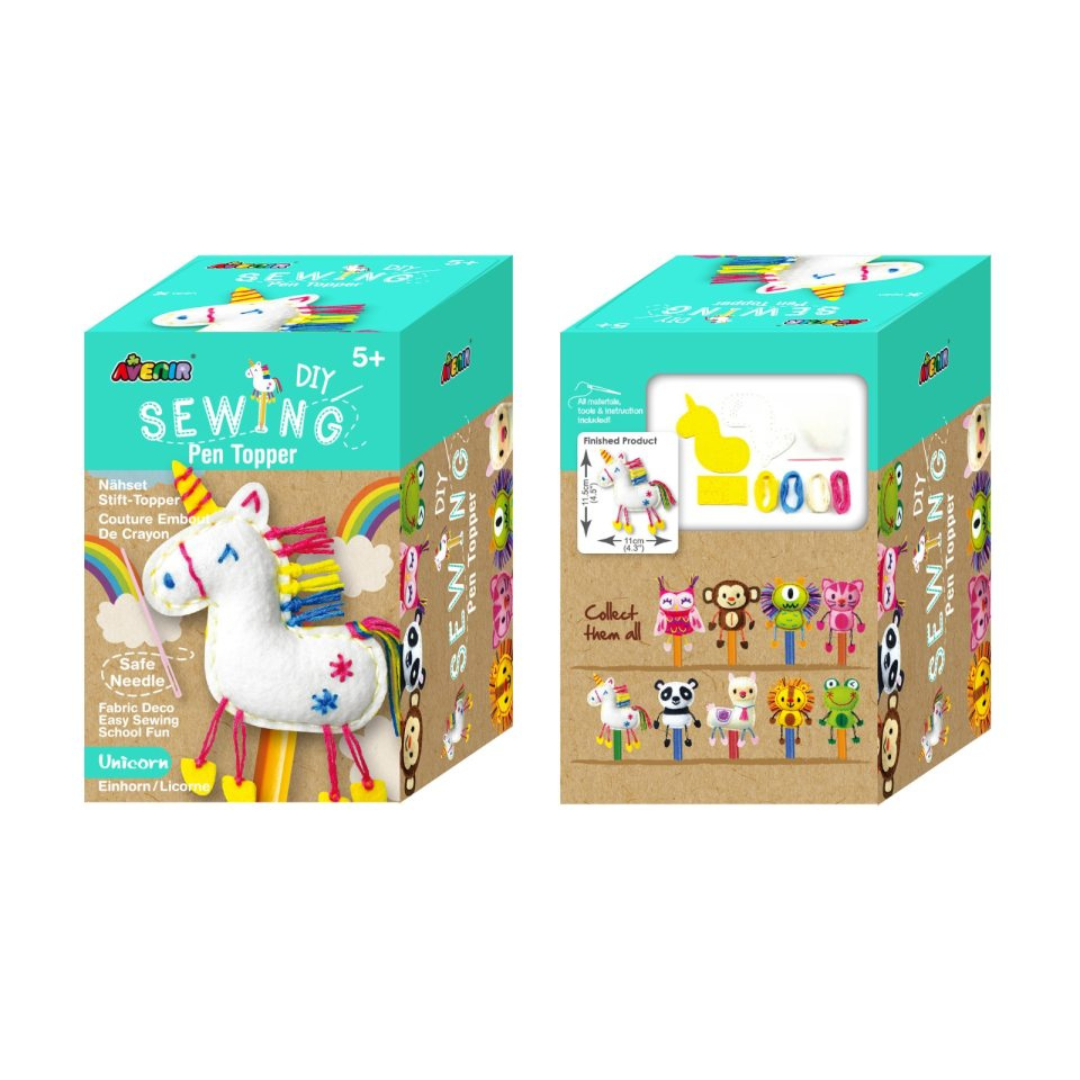 Kit DIY topper de caneta unicórnio em tecido branco com pormenores coloridos para crianças 5+