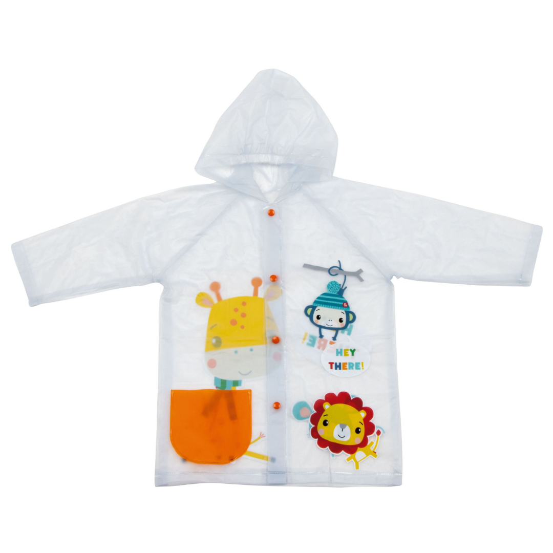 Casaco de chuva infantil transparente com estampas de animais e capuz