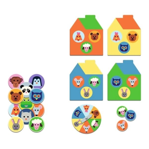 Peças de madeira coloridas com desenhos de animais para jogo educativo.