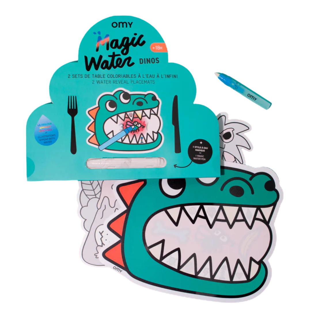 Jogo infantil OMY Magic Water Dinos com placemats para colorir com água e marcador azul