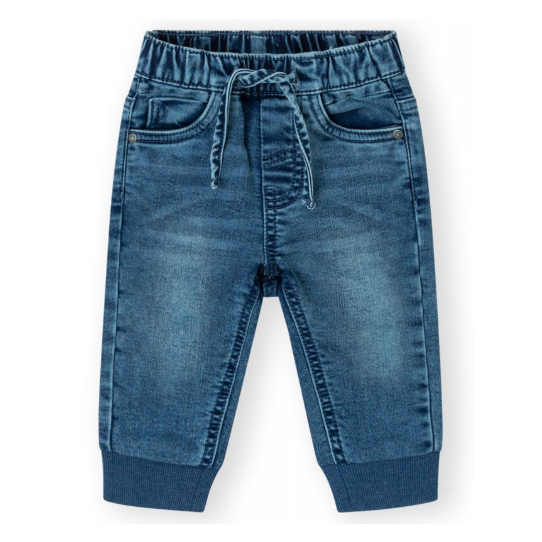 Calças de ganga azul denim com cintura elástica e punhos em malha