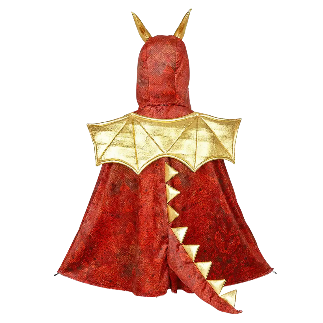 Capa vermelha com asas e cauda douradas, fantasia de dragão