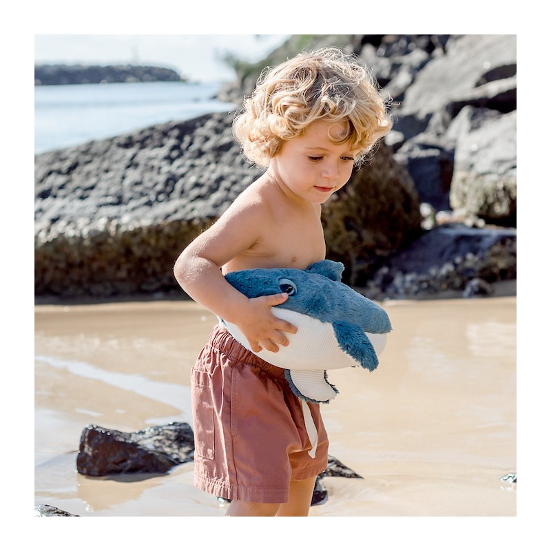 Criança segurando peluche de tubarão na praia