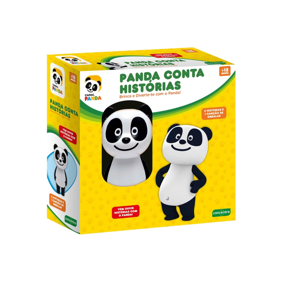 Caixa do brinquedo Panda Conta Histórias com panda em plástico preto e branco