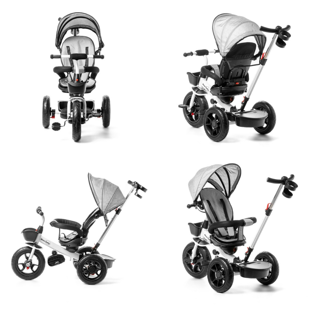 Triciclo infantil cinza com capota e barra de empurrar