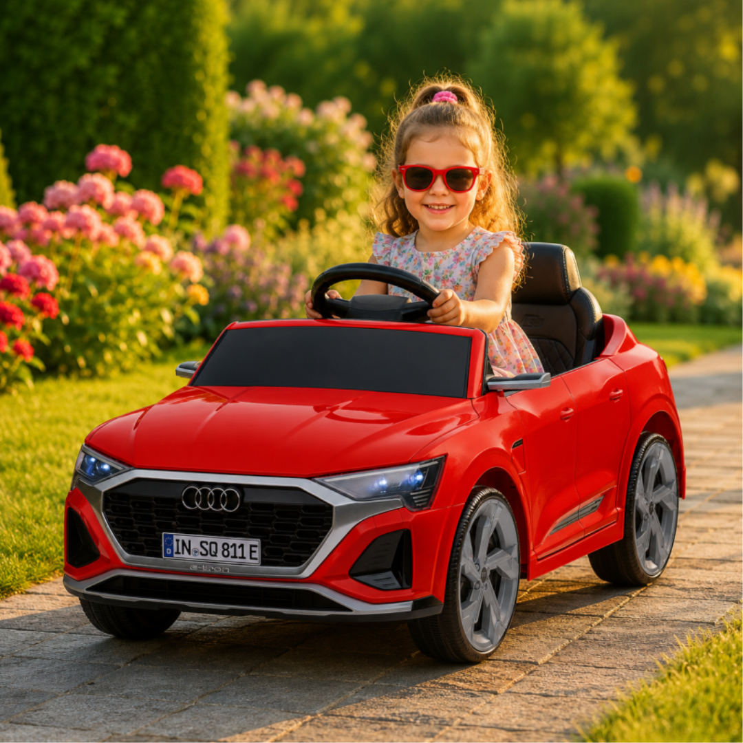 Carro elétrico de brinquedo vermelho Audi com criança ao volante num jardim florido