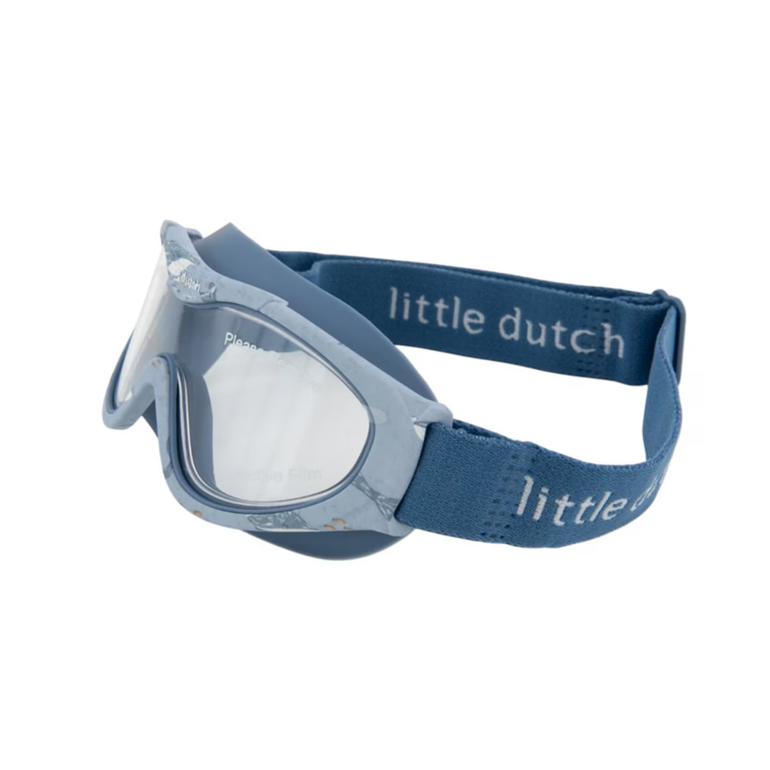 Óculos de proteção azuis com lente transparente e faixa elástica azul com texto