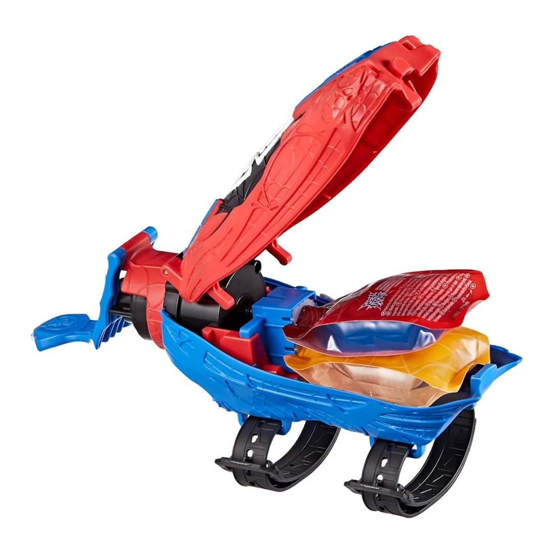 Brinquedo de luva Homem-Aranha vermelho e azul com bolsas de líquido.