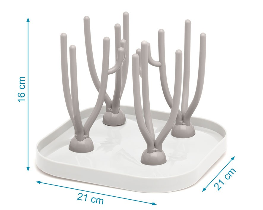 Suporte para secar biberões com base branca e hastes cinzentas.