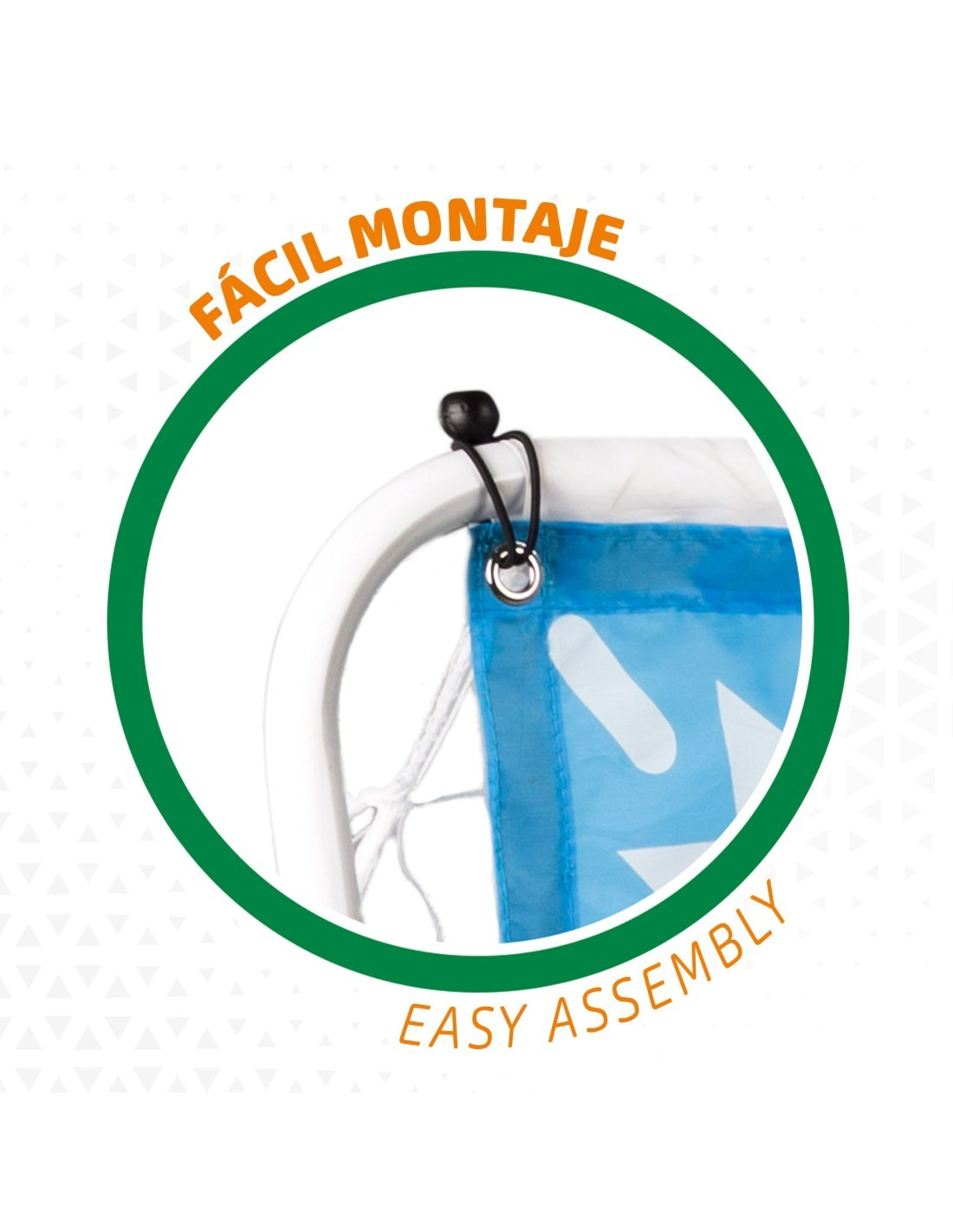 Canto de estrutura metálica branca com tecido azul e rede branca, texto fácil montage e easy assembly