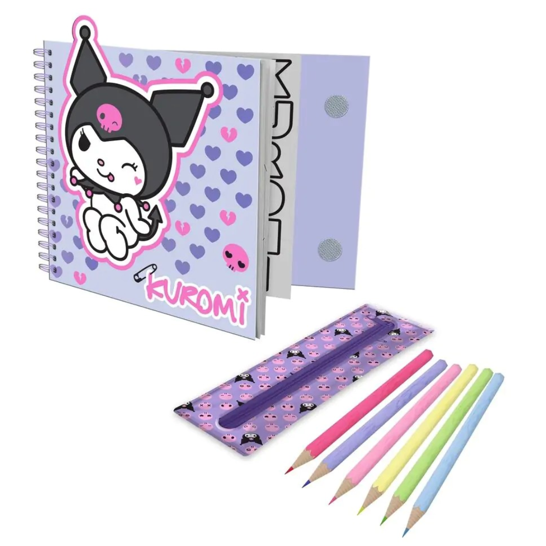 Conjunto escolar com caderno Kuromi lilás e estojo com lápis coloridos