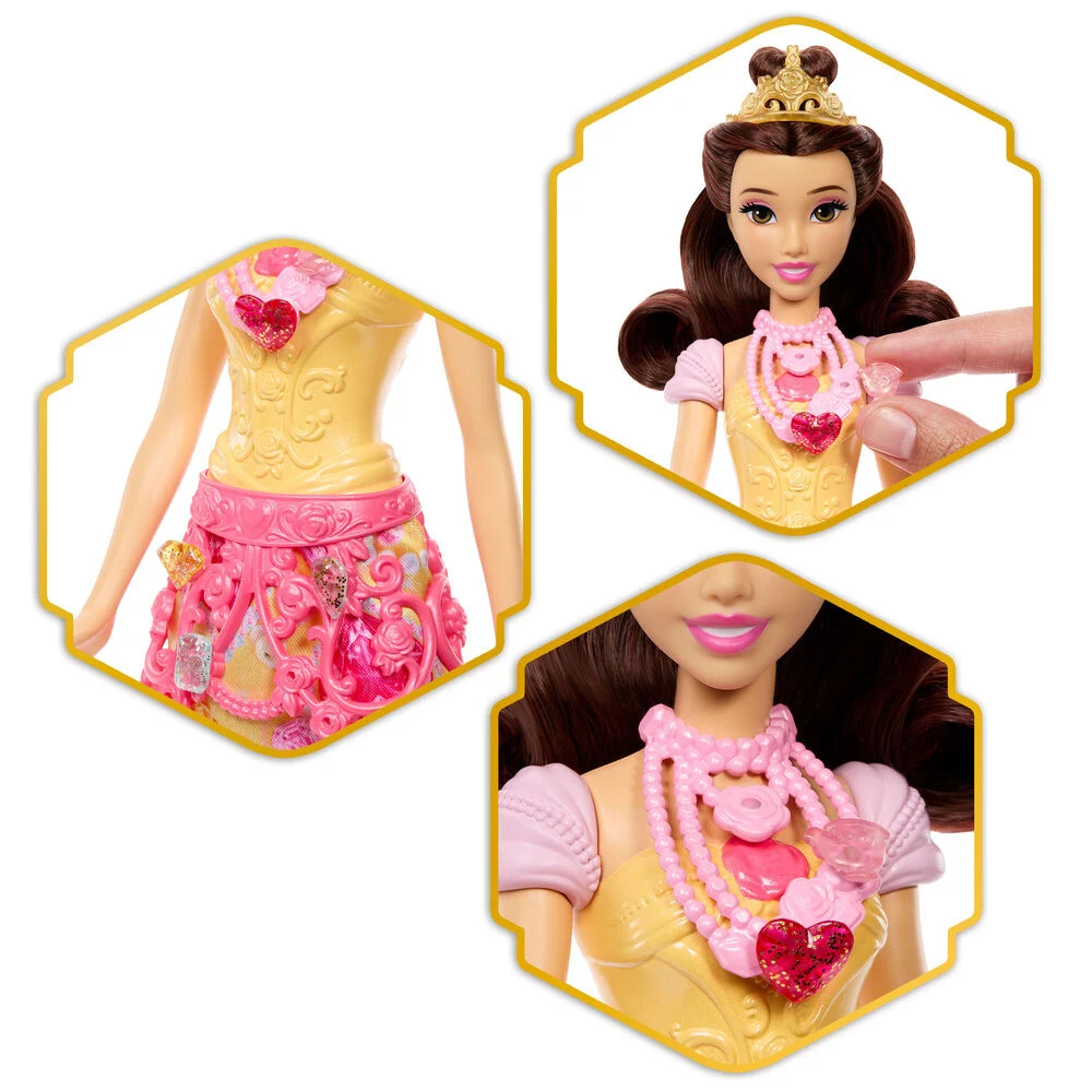 Boneca princesa com vestido amarelo e rosa e colares em tons de rosa e vermelho