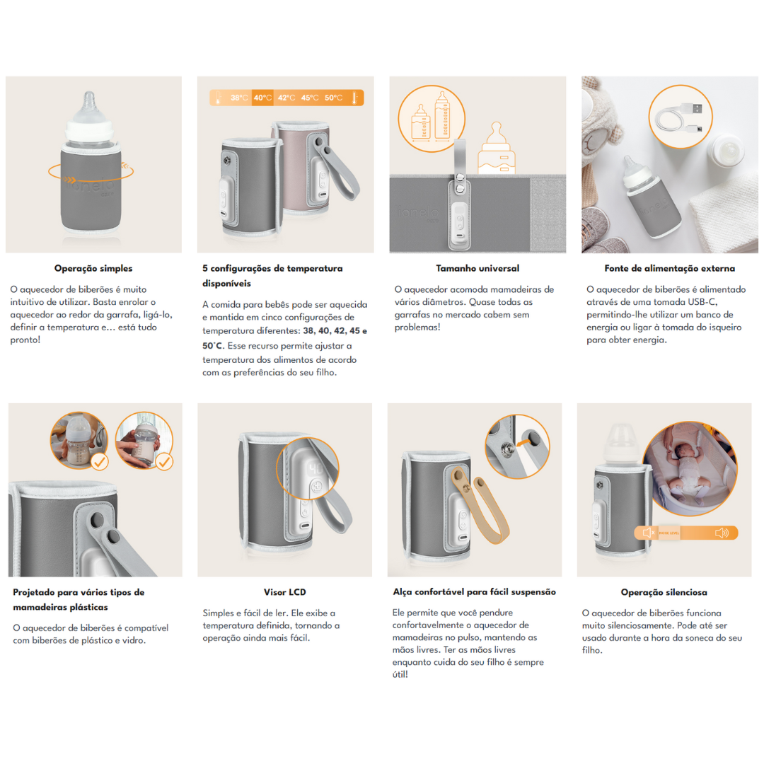 aquecedor de biberões cinza com textos explicativos em português