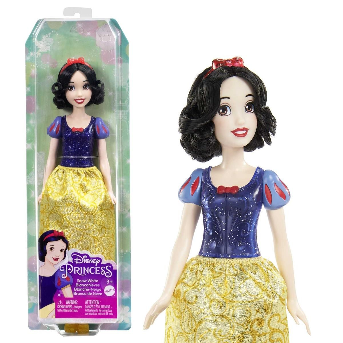 Boneca Disney Princesa Branca de Neve com vestido azul e amarelo na embalagem