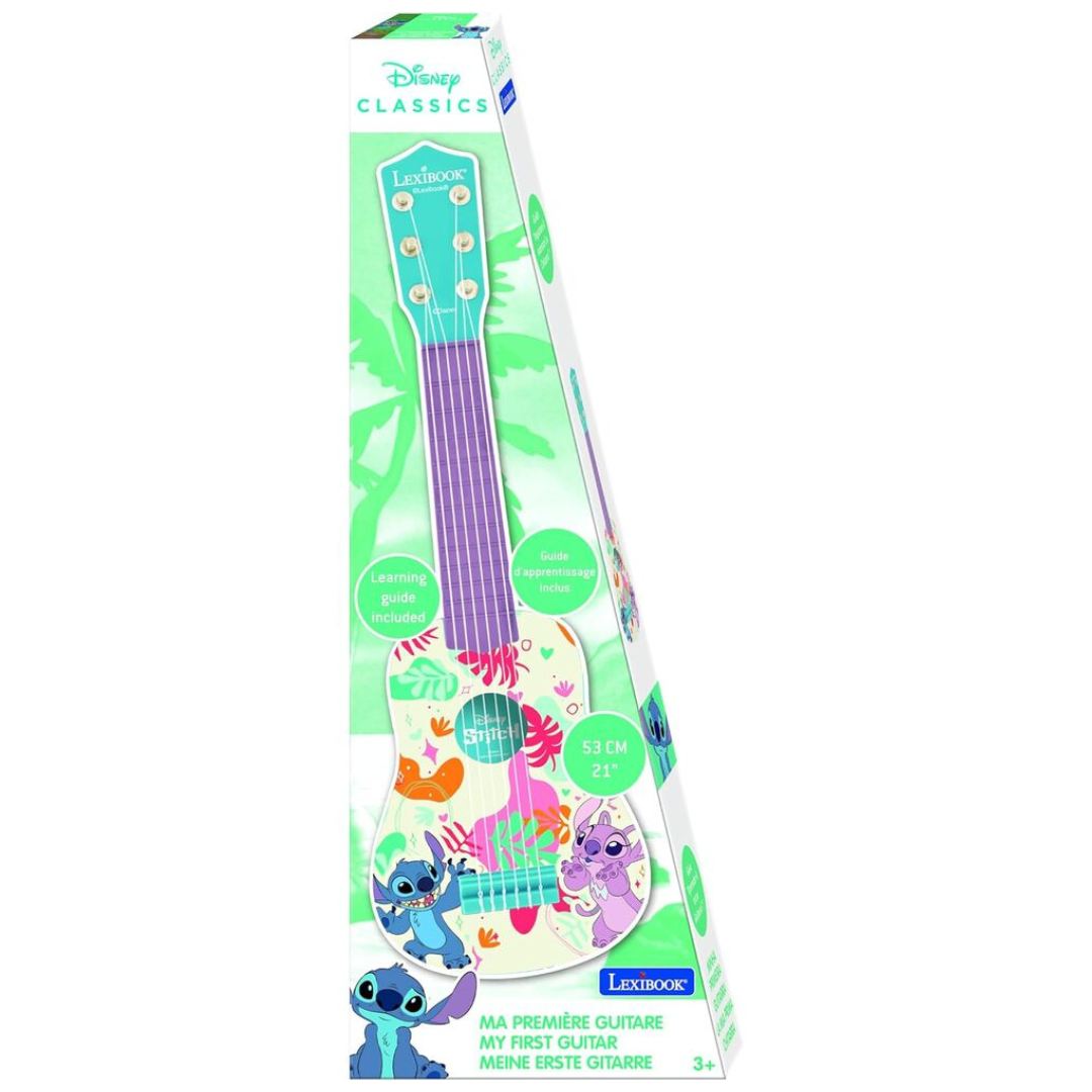 Guitarra infantil colorida com personagens Disney Stitch em embalagem branca e verde.
