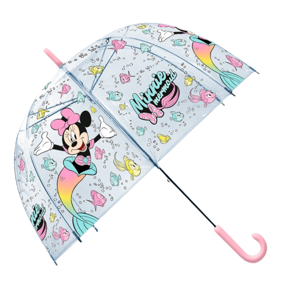 Guarda-chuva transparente com padrão da Minnie sereia e peixes coloridos