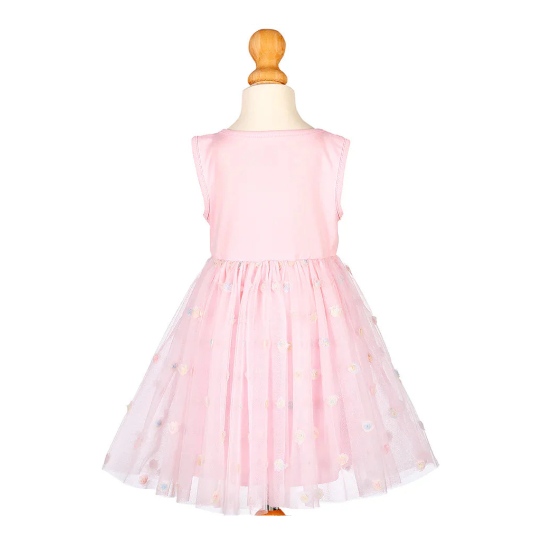 Vestido infantil rosa com saia de tule e flores coloridas