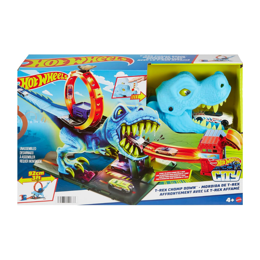 Brinquedo Hot Wheels CITY com dinossauro T-Rex e pista para carrinhos