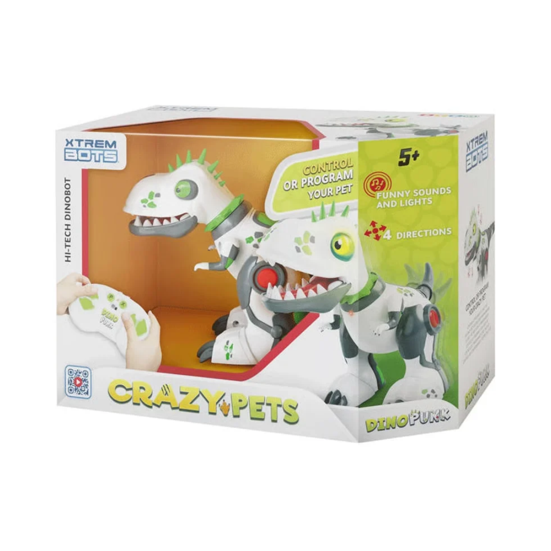 Boneco robô dinossauro branco e verde com caixa de embalagem