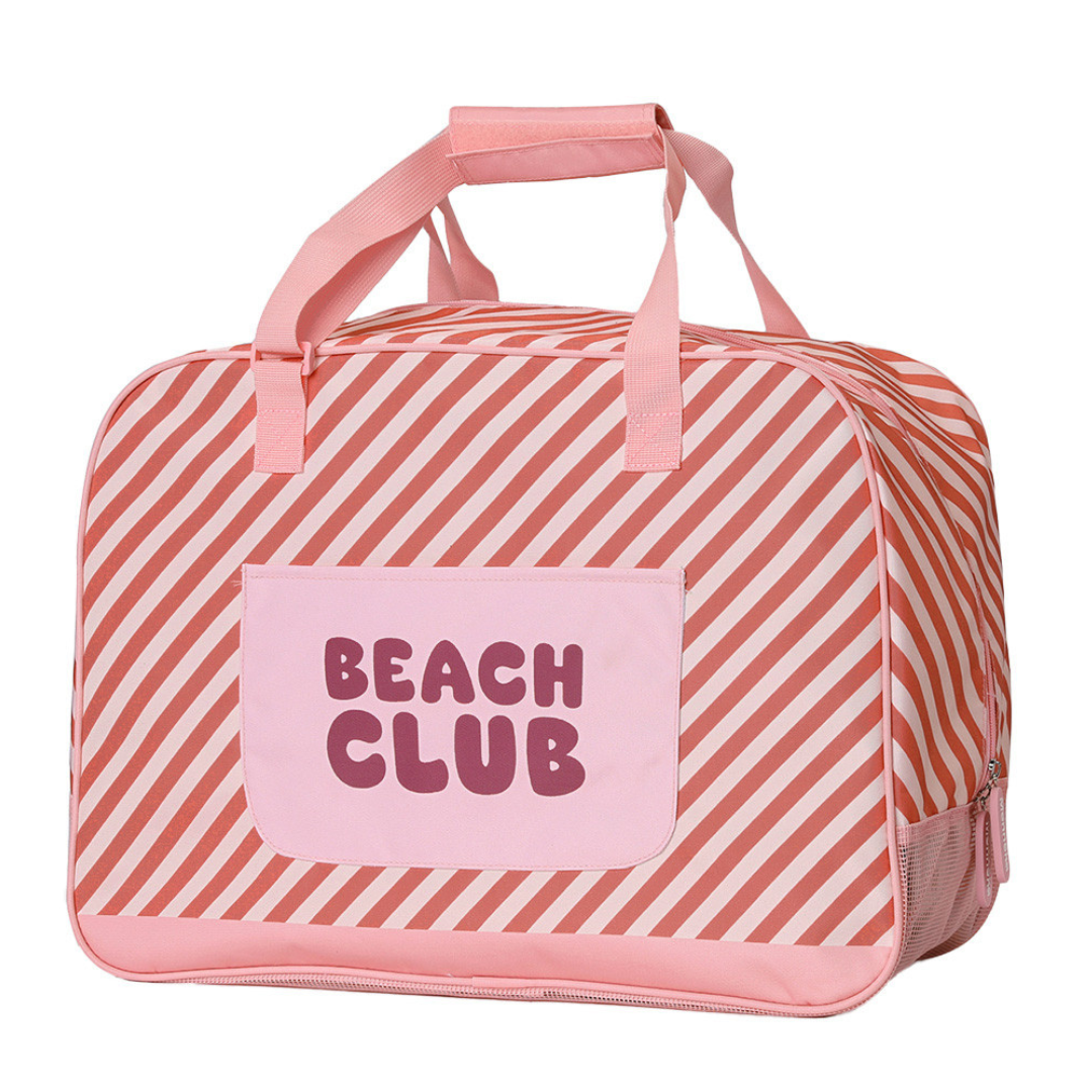 Mala cor-de-rosa com riscas diagonais e bolso com texto BEAC H CLUB