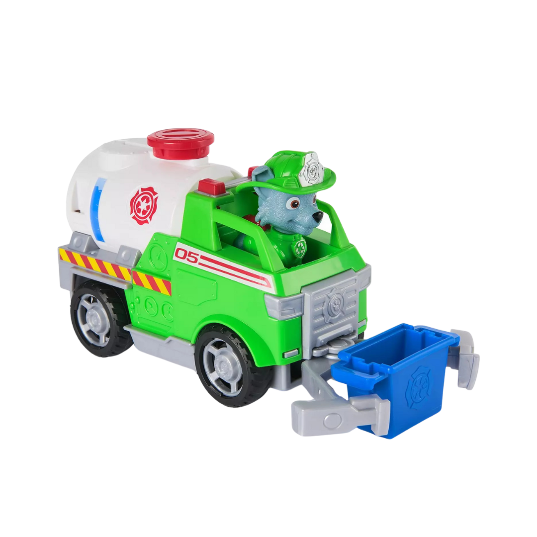 Brinquedo carrinho verde e branco com cão e contentor azul