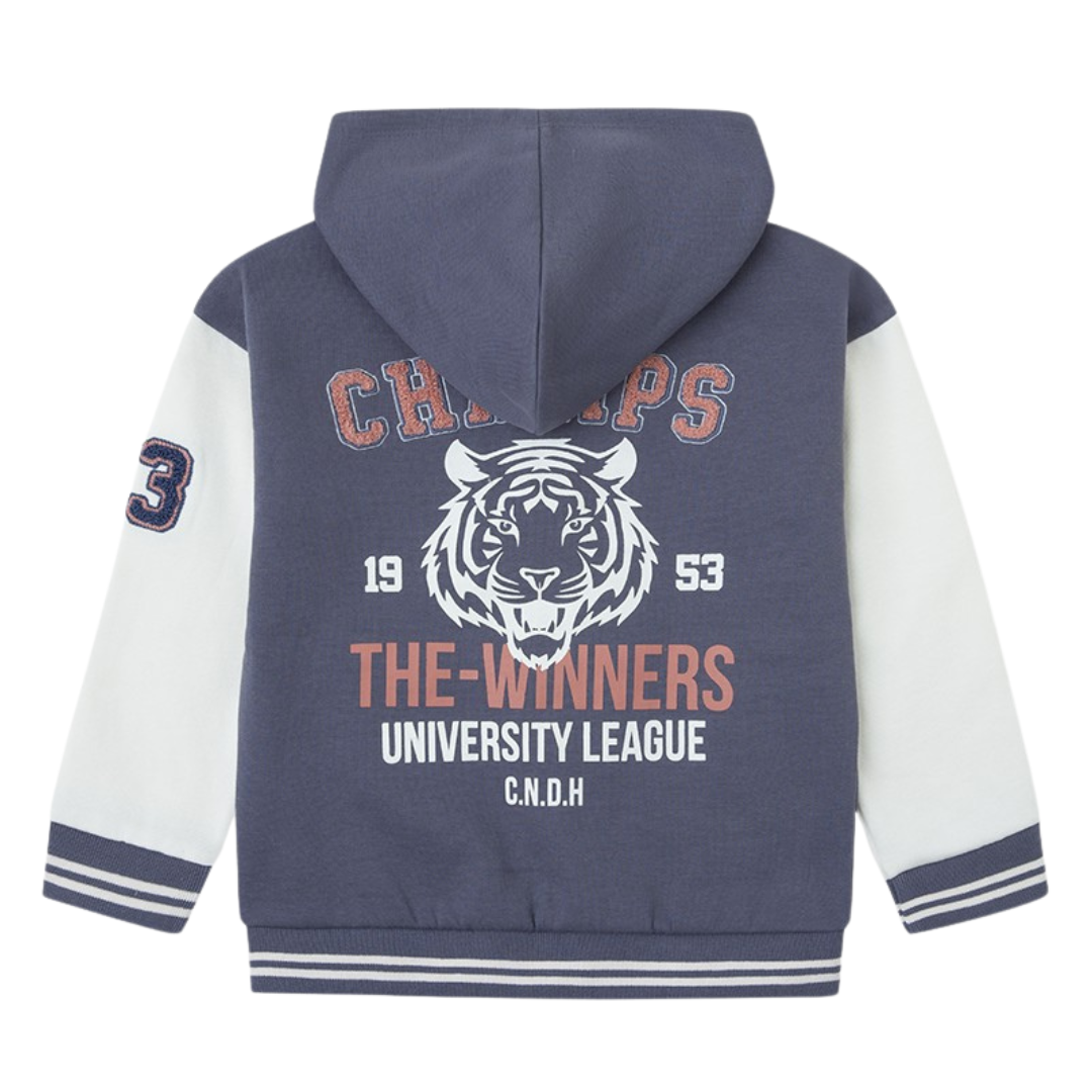 Casaco azul e branco com capuz, estampado tigre e texto University League