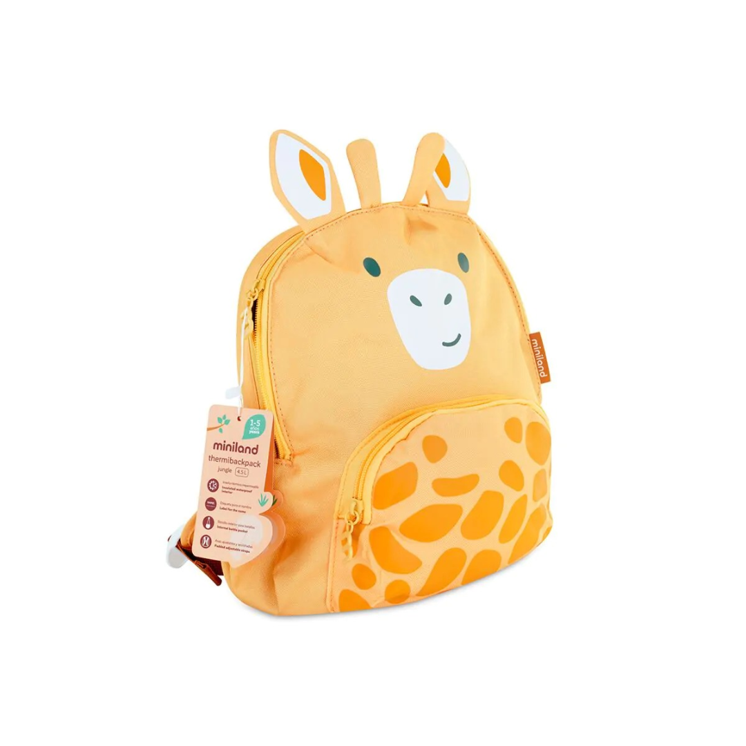 Mochila infantil amarela com padrão de girafa e rosto de girafa na frente