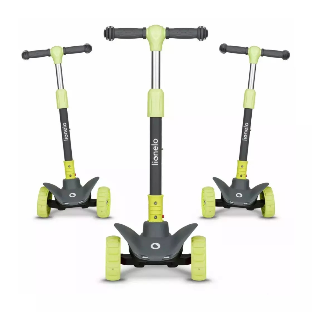 Triciclo infantil preto e verde-limão com três rodas e base em forma de animal