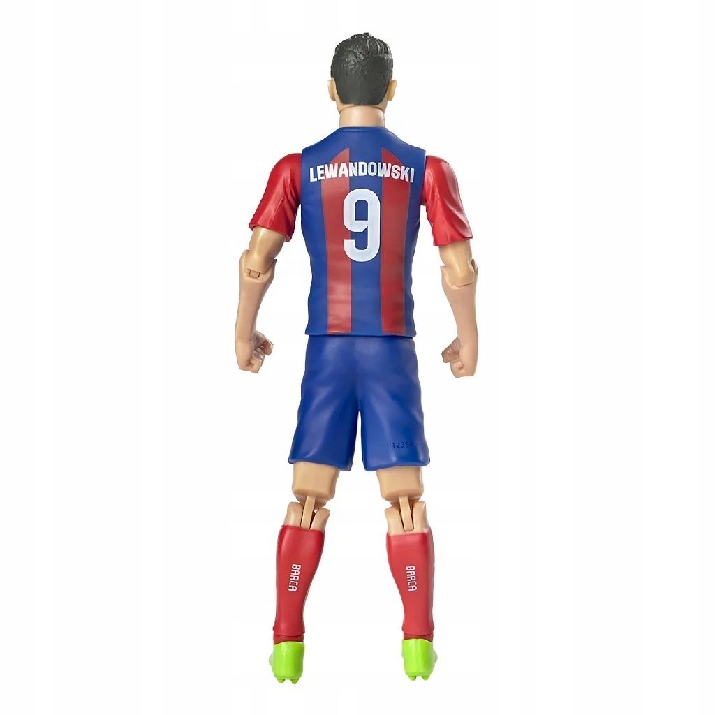 Boneco articulado de futebol com equipamento FC Barcelona azul e vermelho, nome LEWANDOWSKI, número 9, meias vermelhas BARÇA e chuteiras verdes