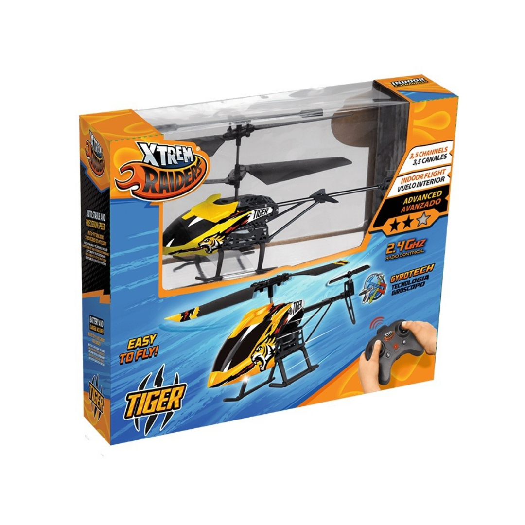 Caixa de helicóptero de controlo remoto amarelo e preto XTREM RAIDERS TIGER com comando