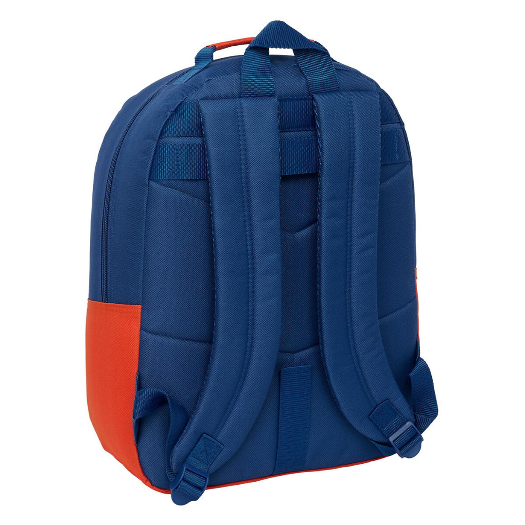 Mochila azul escuro com detalhes laranja e alças acolchoadas