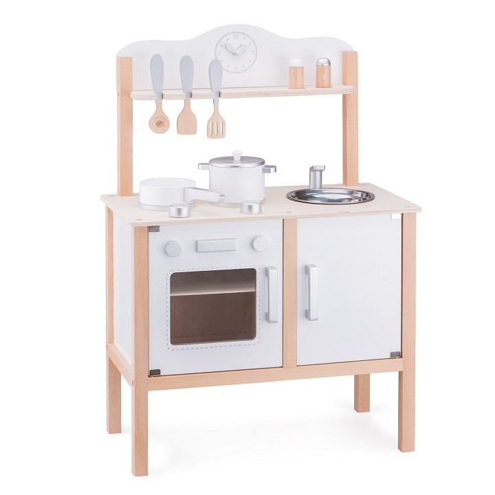 Cozinha de brincar infantil em madeira clara e branca com acessórios e relógio