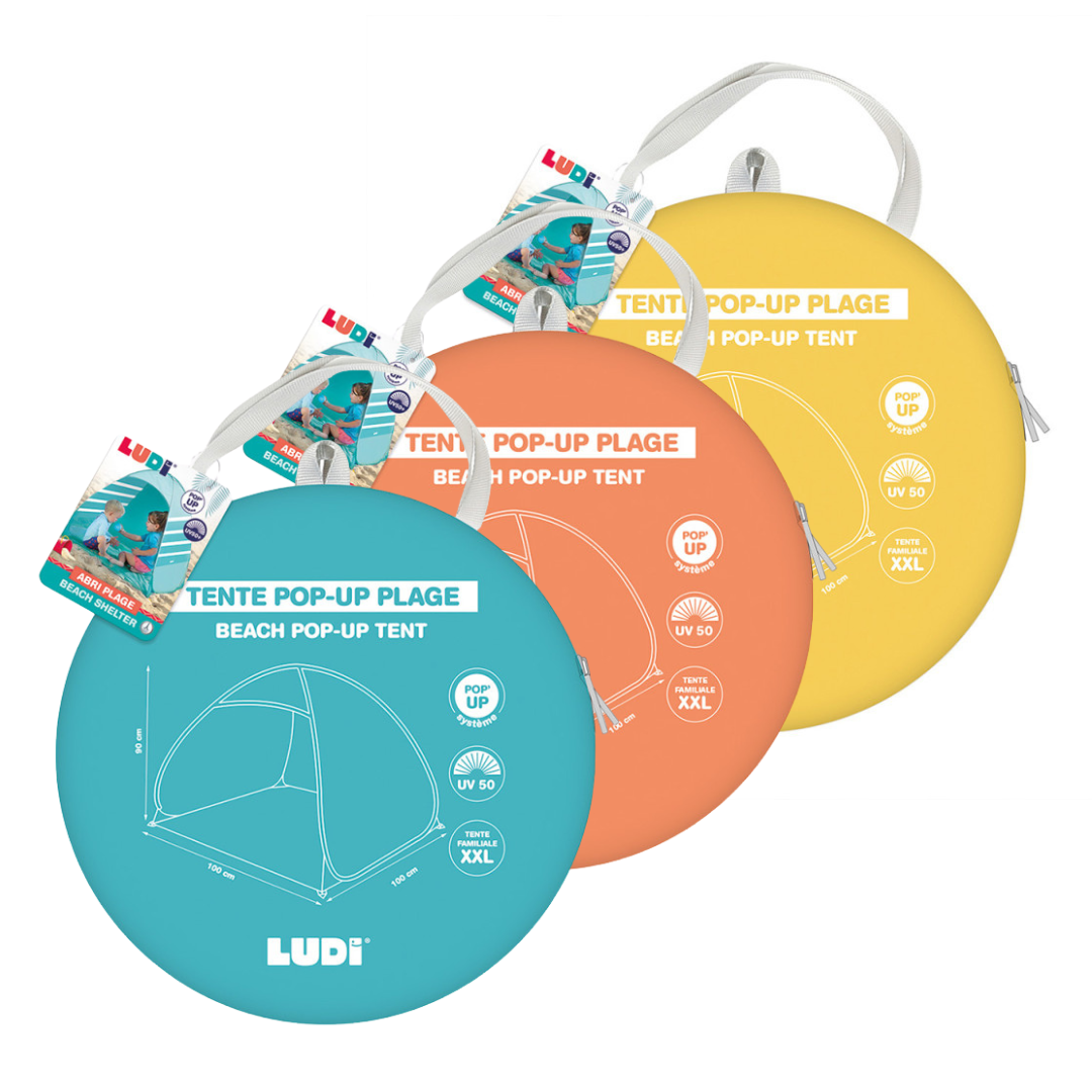 Três mochilas redondas coloridas com tenda pop-up para praia, texto e desenho da tenda, marca LUDI