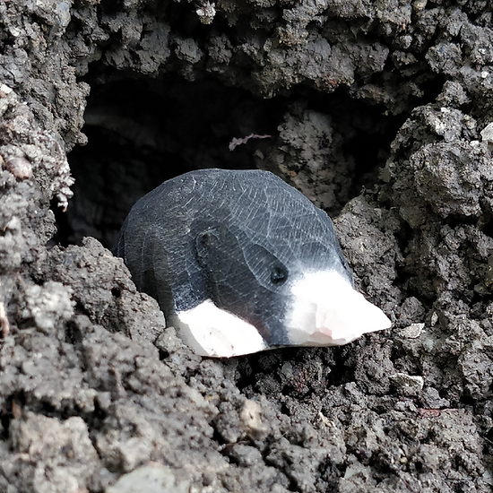 Figura decorativa de toupeira preta e branca num buraco de terra